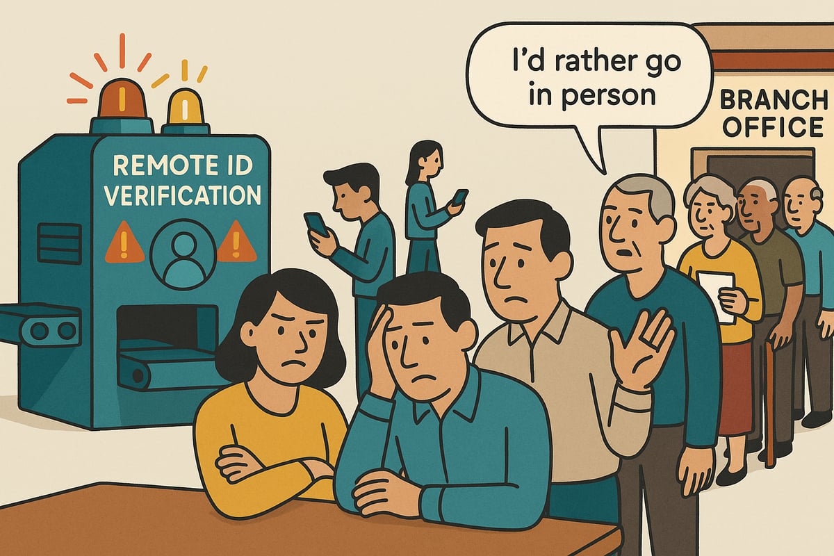 Illustration of a digital ID verification machine with few users and a long line of older people waiting at a branch