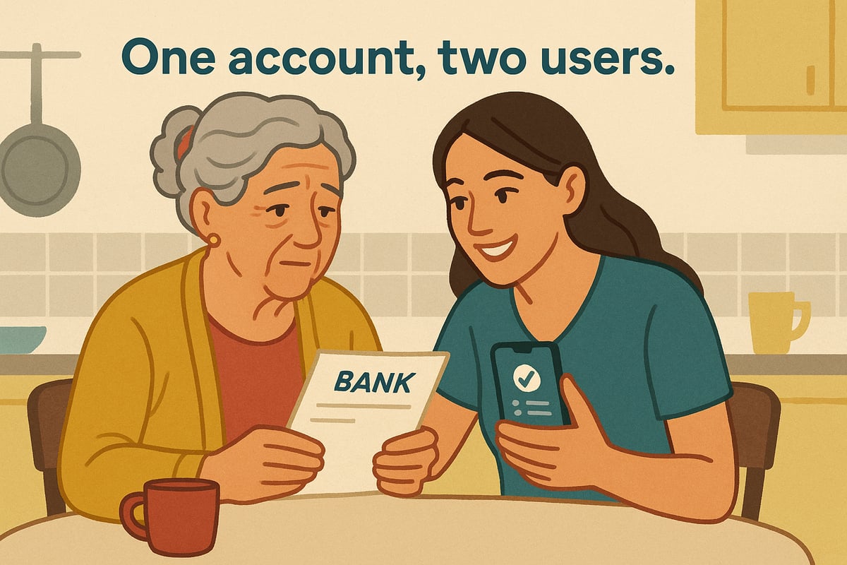 An older woman and younger woman using a mobile app together to manage a banking task at home.