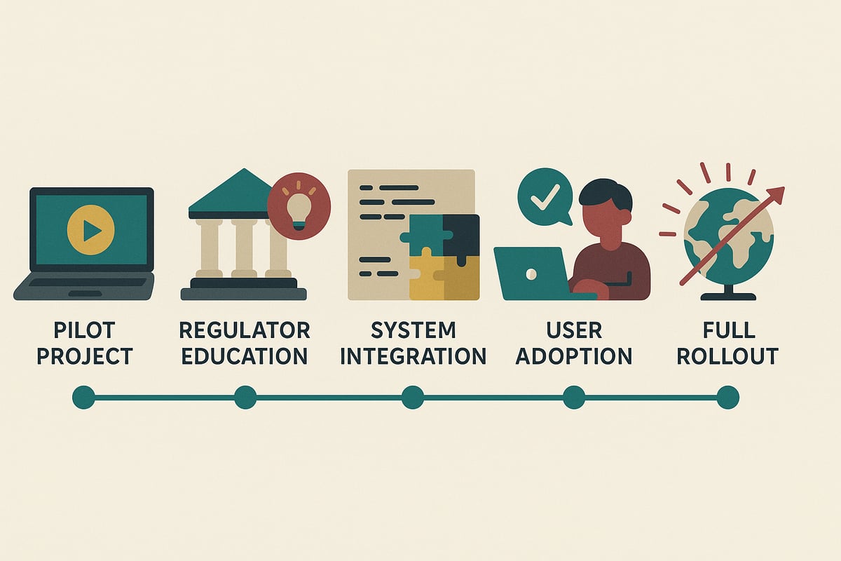 Flat-style timeline showing gradual digital adoption steps in risk management: pilot, education, integration, and scale-up.