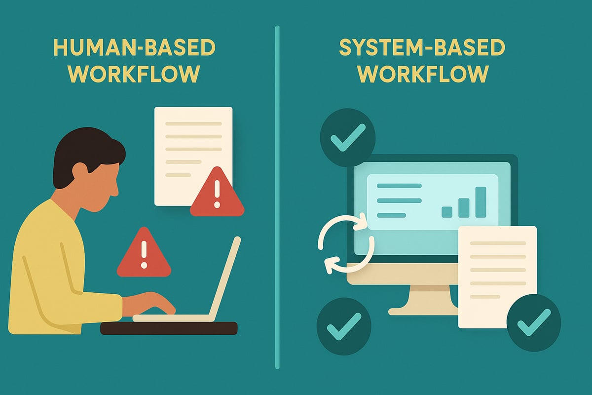 Flat diagram contrasting manual and automated risk workflows, highlighting reduced errors and better consistency with digital systems.