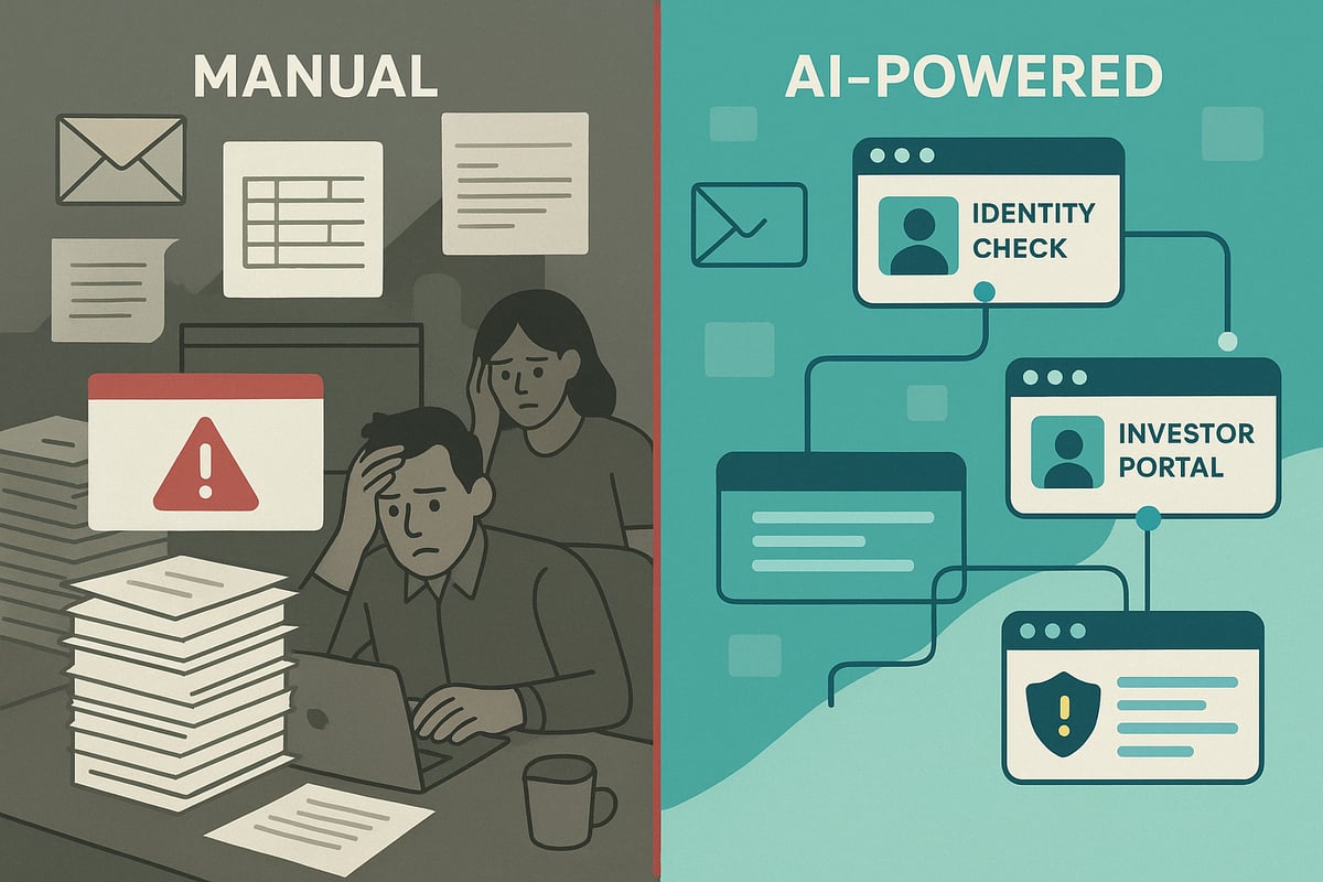 Split illustration comparing manual investor onboarding (paperwork and emails) with an AI-powered onboarding flow showing automation and seamless compliance.