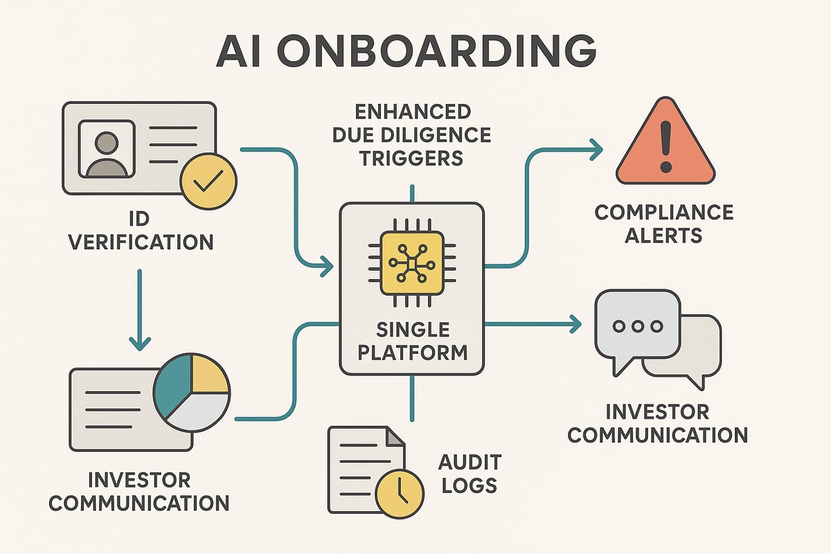 Flowchart-style illustration showing AI onboarding stages like identity verification, EDD triggers, investor communication, and compliance audit logging in a connected system.