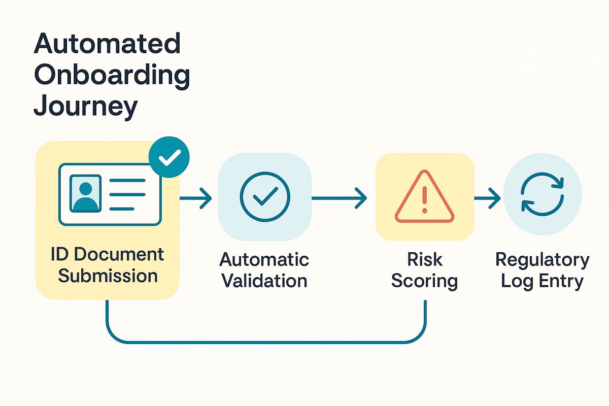 Illustration of a digital onboarding workflow showing how investor information flows through verification, compliance checks, and audit logs.