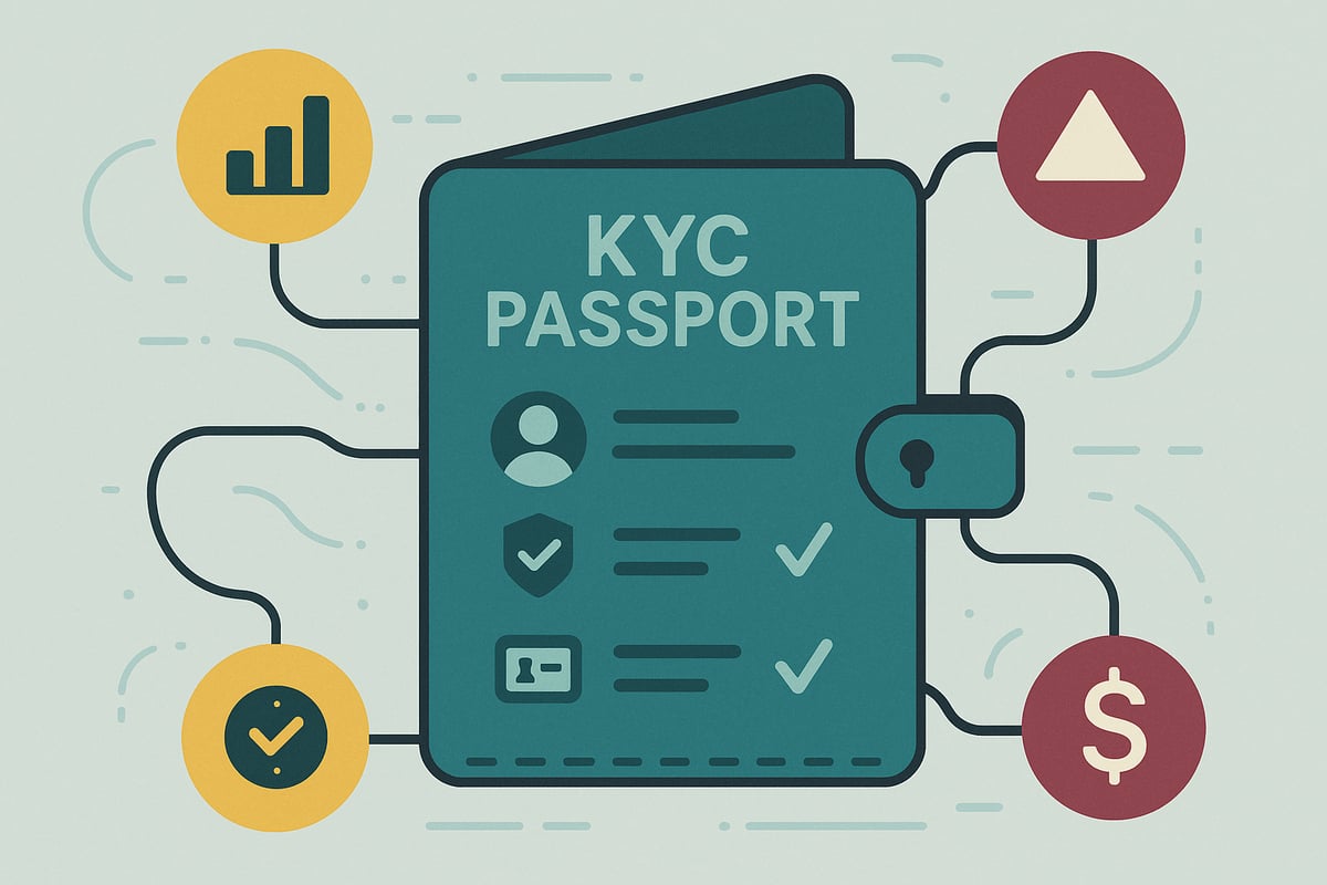 Digital concept of a reusable investor “KYC passport” securely connecting to multiple funds through data-sharing lines.