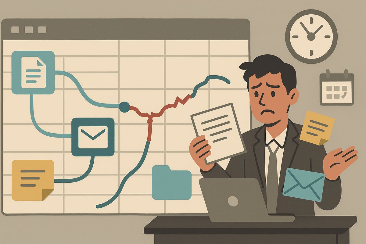Illustration of a fragile spreadsheet workflow with broken links to documents and scattered task reminders.