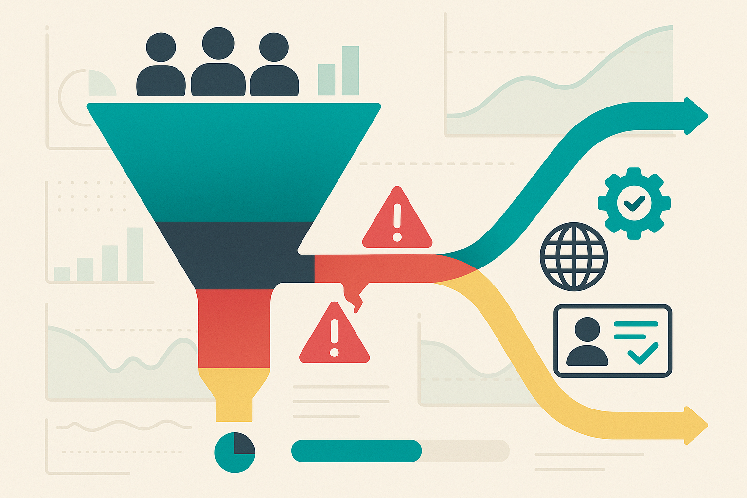 Visual of a compliance onboarding funnel where many users drop off mid-way, contrasted with an optimized path that uses automation and dynamic checks to improve completion rates.