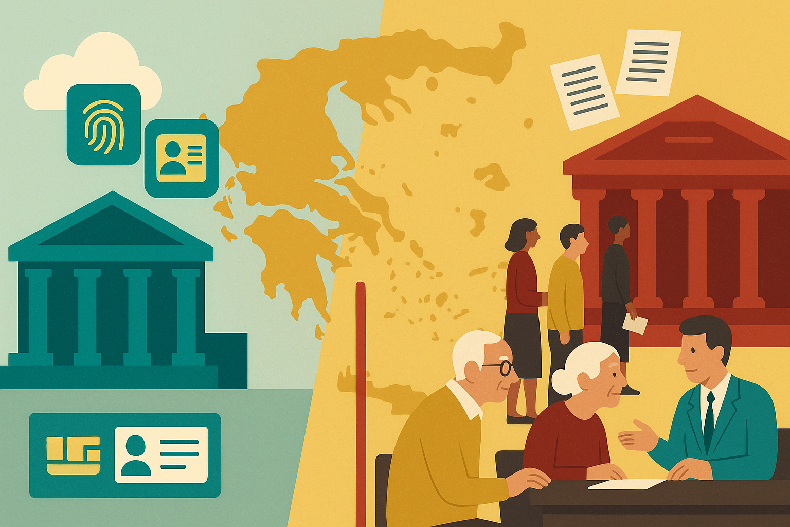 Illustration of Greece’s financial sector split between digital tools and traditional banking, with a map of Greece in the background.