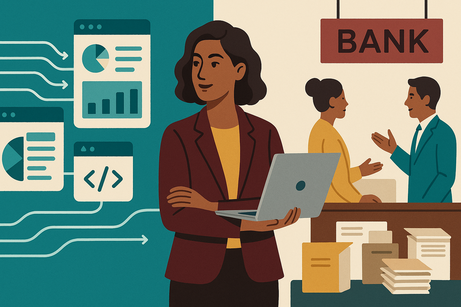 Flat illustration of a risk leader bridging traditional banking and digital systems, symbolizing transformation in conservative markets.