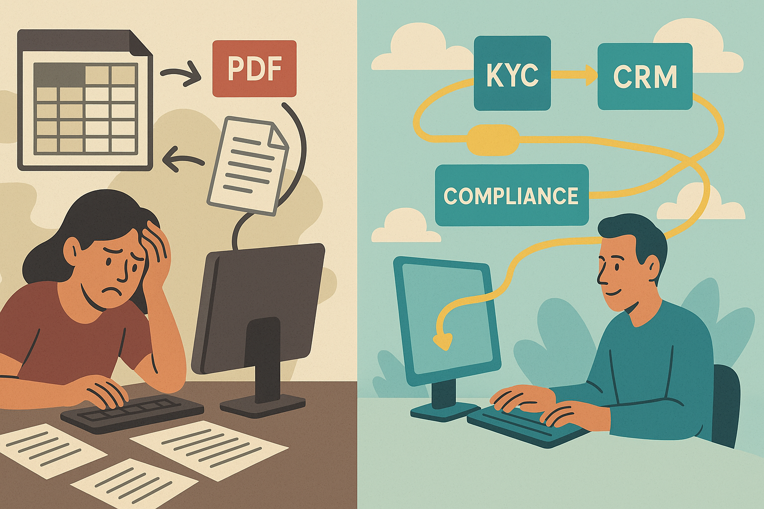 Illustration comparing messy manual onboarding vs. seamless structured data flows across compliance systems.