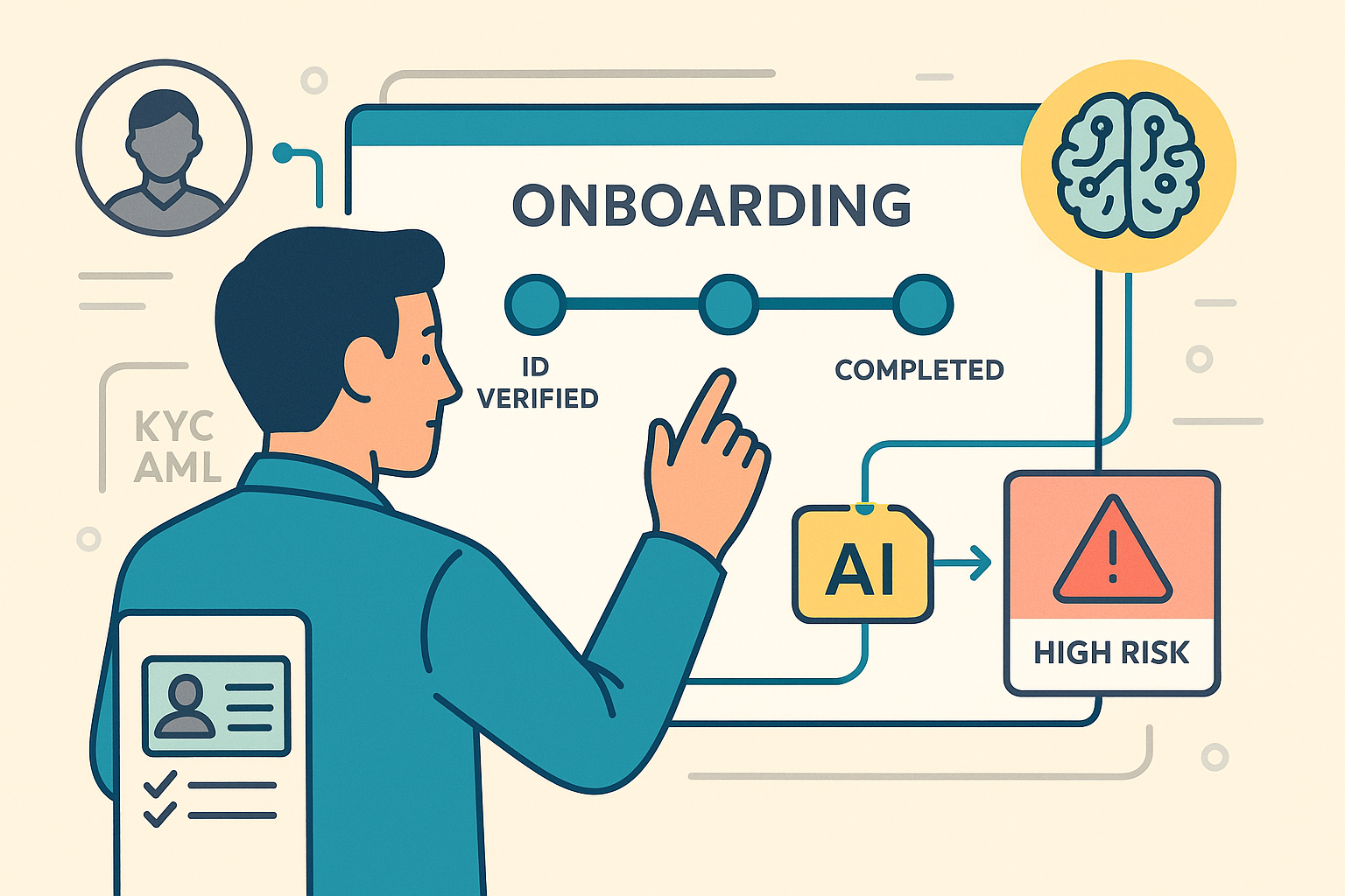 Illustration of a fund manager using an AI-powered onboarding dashboard that displays investor verification, compliance alerts, and workflow automation.