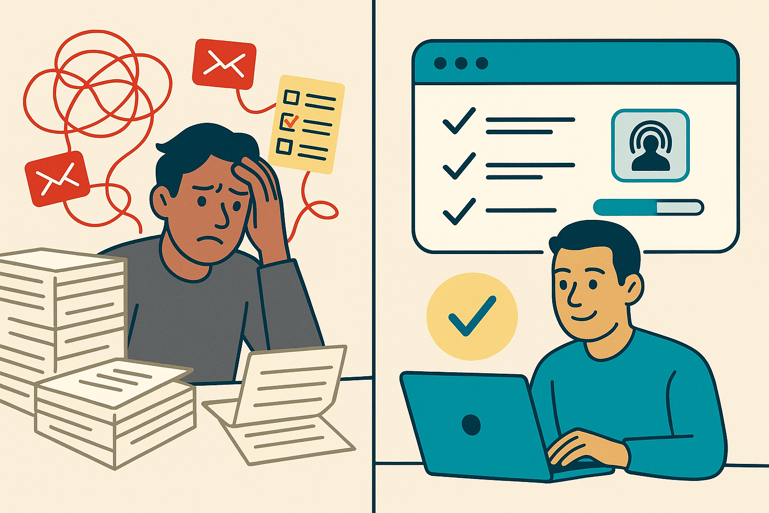 Side-by-side visual of manual vs. digital investor onboarding showing a stressed investor dealing with paperwork and a calm investor using a modern platform.