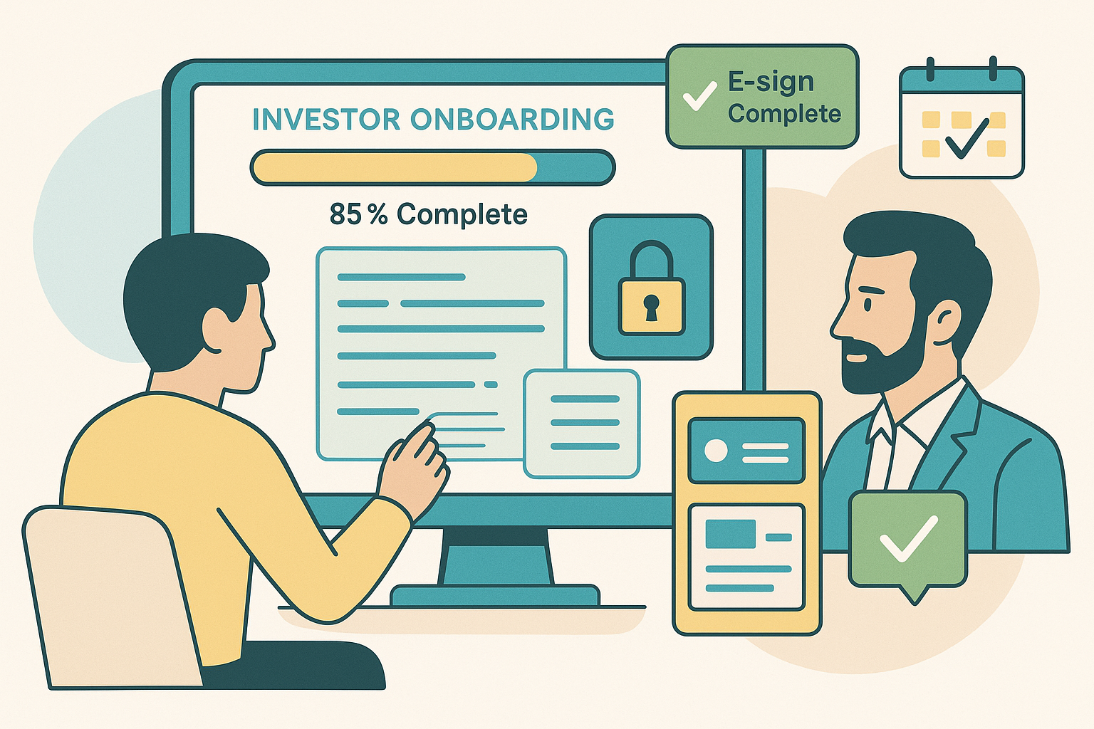 Illustration of an investor filling out a digital onboarding form while a fund manager receives a completion alert in a dashboard.