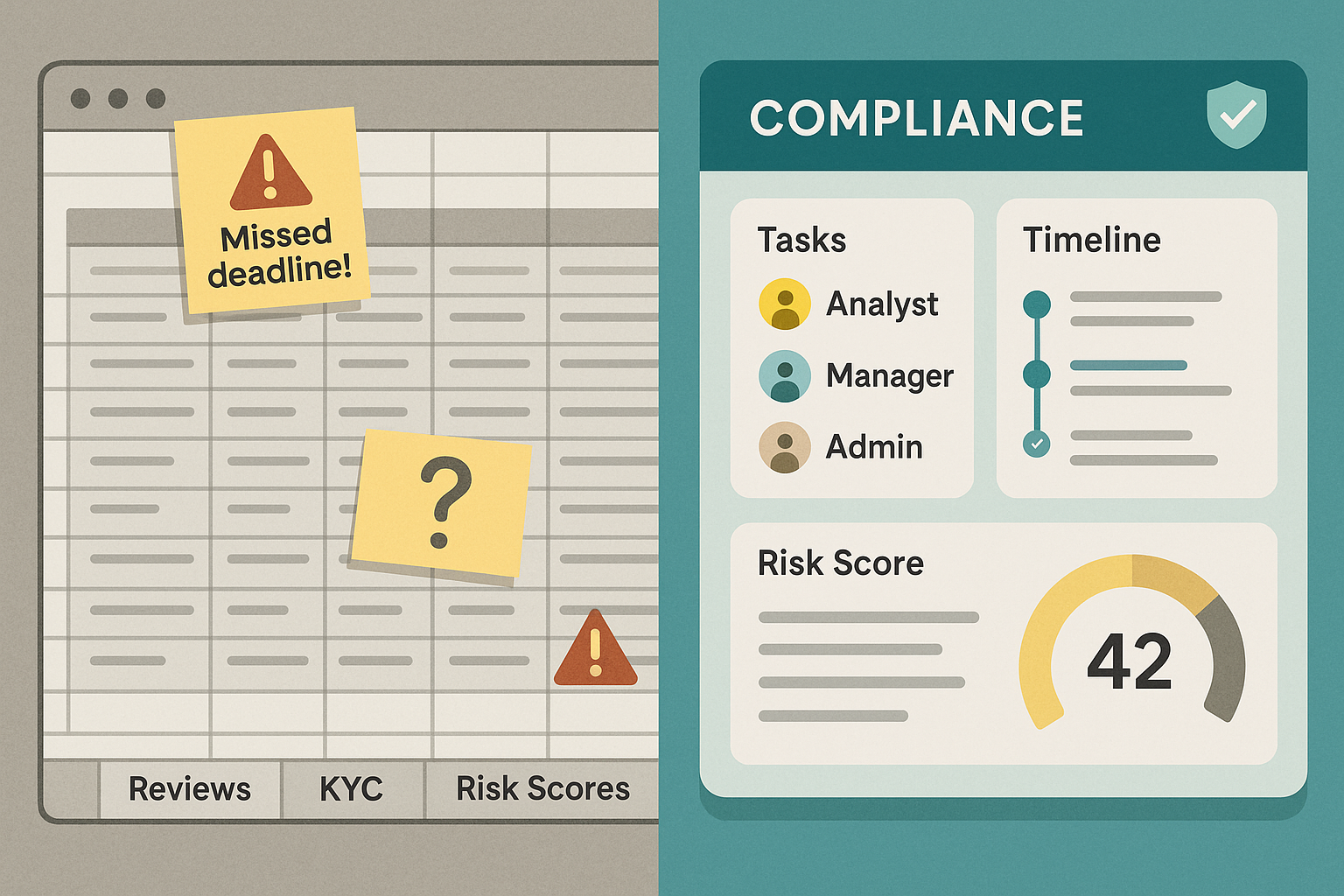 A split-screen comparing a chaotic spreadsheet-based KYC tracker with a clean, structured compliance dashboard.