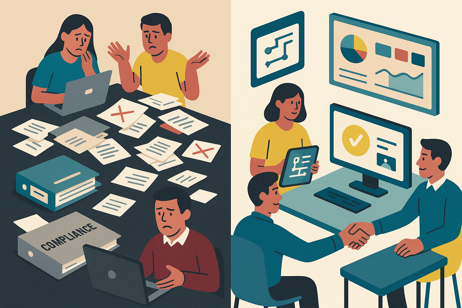 Illustration contrasting manual compliance with digital onboarding: one side shows a cluttered, paper-based process; the other shows an automated, streamlined system using dashboards and portals.