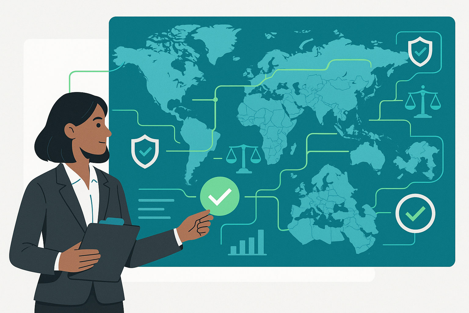 Illustration of a compliance officer standing before a digital dashboard with maps, regulatory icons, and data flows, symbolizing global AML/KYC compliance across multiple jurisdictions.