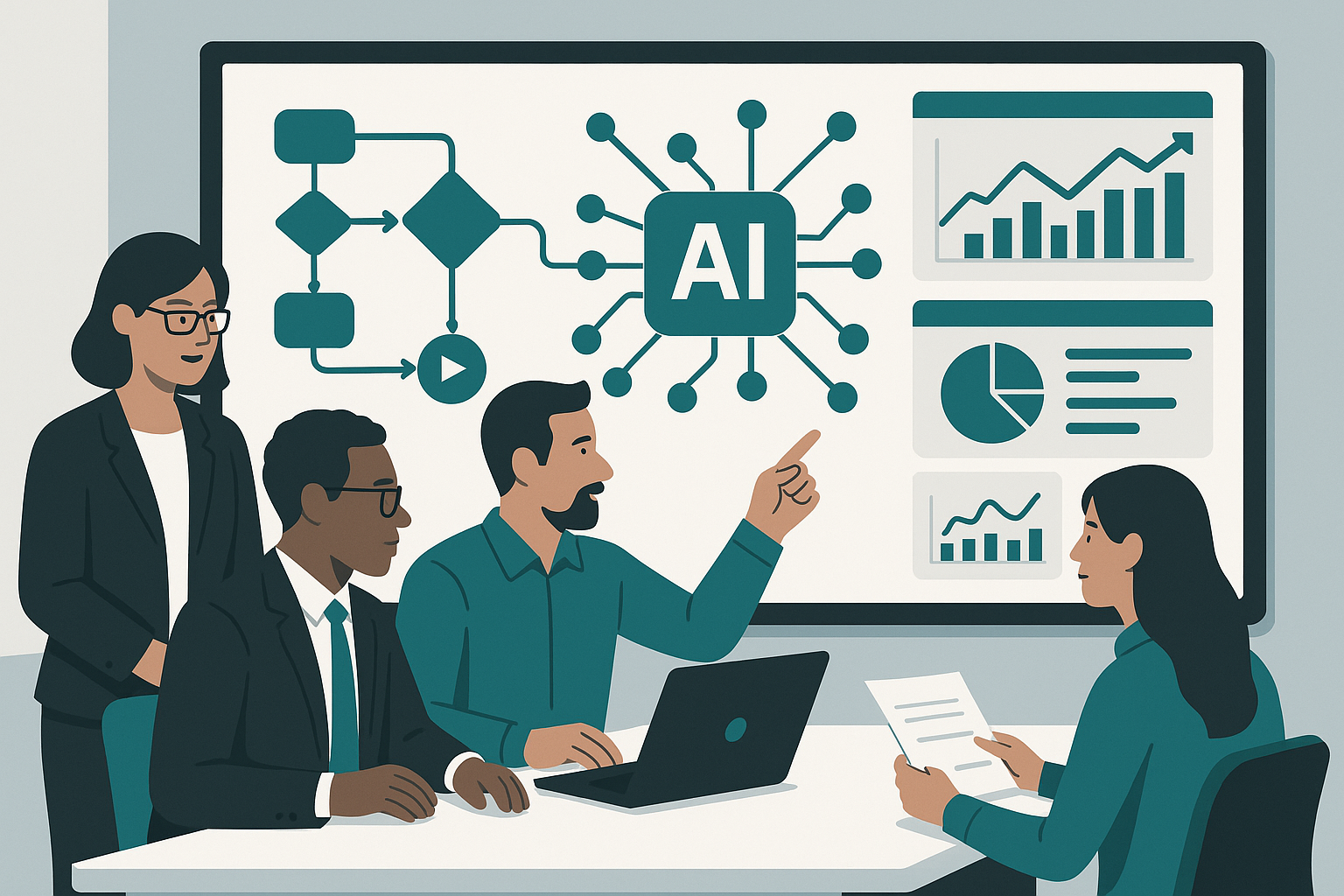 Corporate team collaborating around a digital display with data and AI visuals, representing innovation and key drivers of digital transformation.