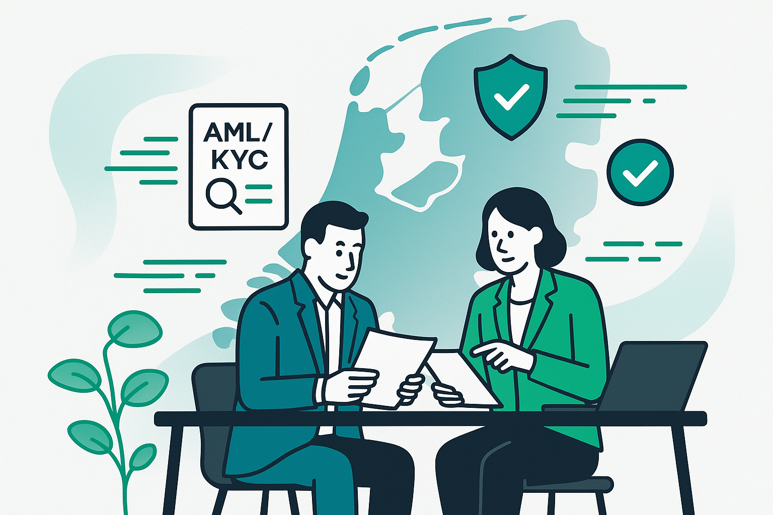 Illustration of Dutch AIFM Light compliance: two vector-drawn fund managers reviewing documents with AML/KYC icons.