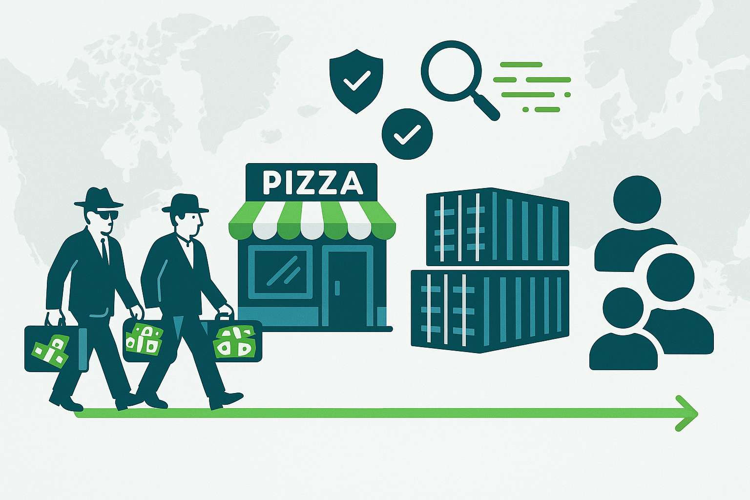 Timeline illustrating money laundering history: drawn characters represent suitcase smuggling, pizza parlor fronts, trade-based laundering, and shell companies, with compliance icons.