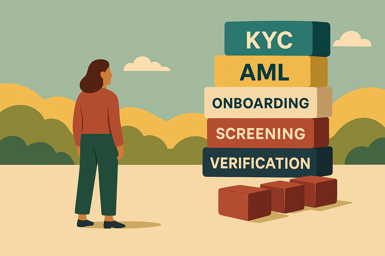 Woman looking at a stack of compliance blocks labeled KYC, AML, Onboarding, Screening, and Verification.
